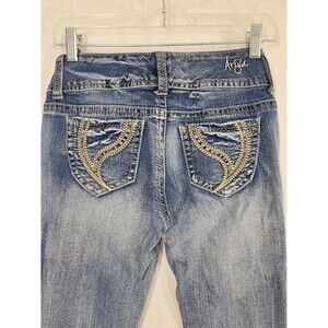 Ariya Jeans Y2K Low Rise Bootcut Distressed Denim Embroidered Stretch Jeans 5/6
